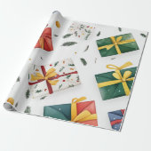 Heldere kerstcadeaudozen & groenblijvende bladeren cadeaupapier (Uitgerold)