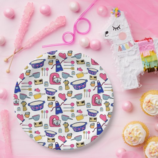 Heldere keukengerei met kookpan papieren bordje (Feest)