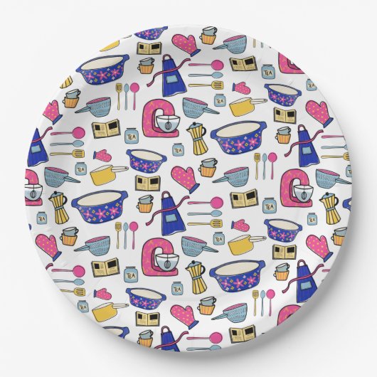 Heldere keukengerei met kookpan papieren bordje (Voorkant)