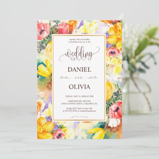 Heldere kleur Retro Bloemen Gouden Moderne bruilof Kaart (Staand voorkant)