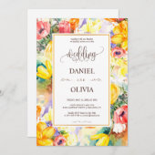 Heldere kleur Retro Bloemen Gouden Moderne bruilof Kaart (Voorkant / Achterkant)