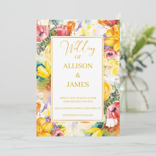 heldere kleur retro GOUDEN moderne bruiloft Kaart (Staand voorkant)