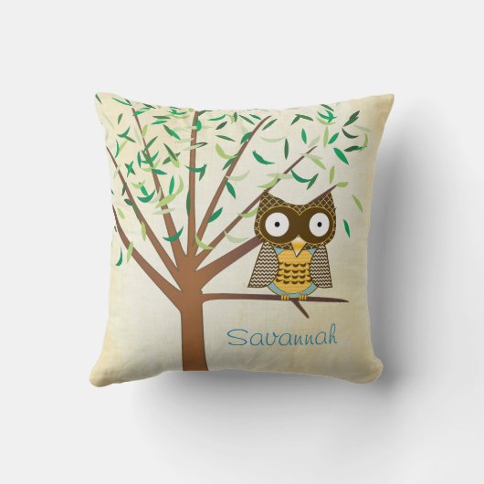 Heldere kleuren Aqua Green Modern Tree en Owl Kussen (Achterkant)
