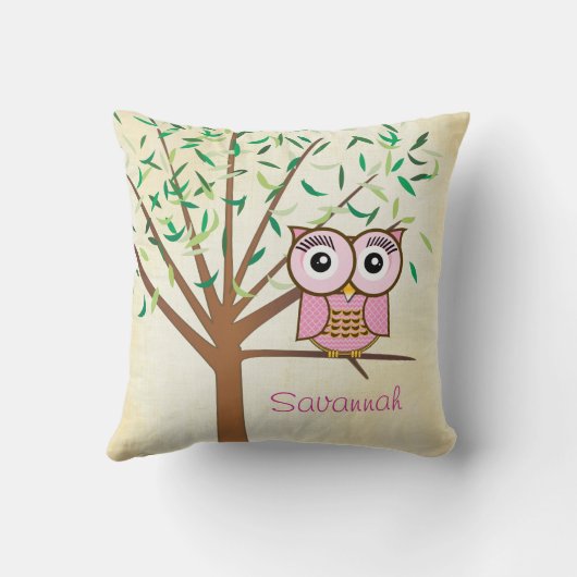 Heldere kleuren Aqua Green Modern Tree en Owl Kussen (Achterkant)