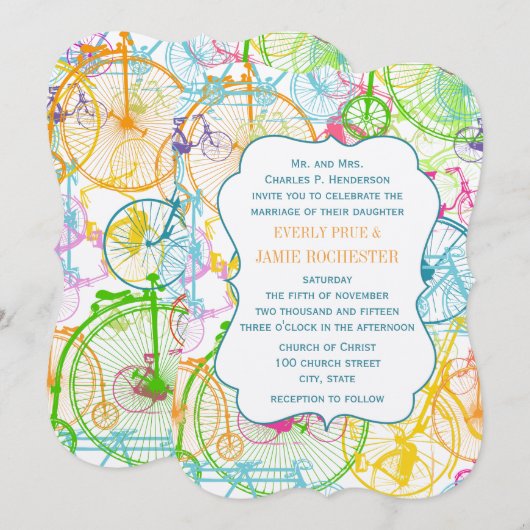 Heldere Kleuren Gestileerde Oude Fiets Huwelijk Kaart (Voorkant / Achterkant)