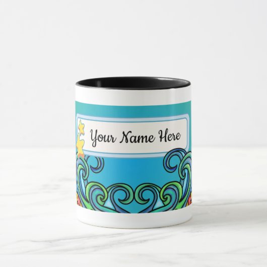 Heldere kleuren, golven - Fish Doodles, Personalis Mok (Midden)