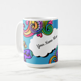 Heldere kleuren, grillige doedels,  koffiemok