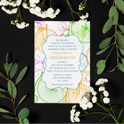 Heldere kleuren met  fietsbruiloft kaart