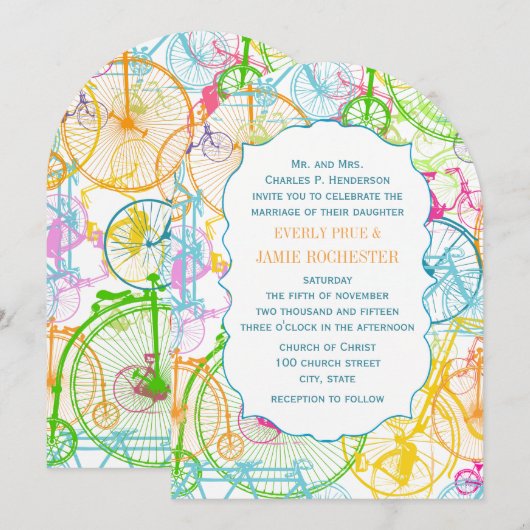 Heldere kleuren met  fietsbruiloft kaart (Voorkant / Achterkant)