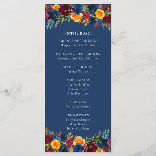 Heldere kleuren Waterverf Navy Blue Bloemen bruilo Programmakaart (Achterkant)