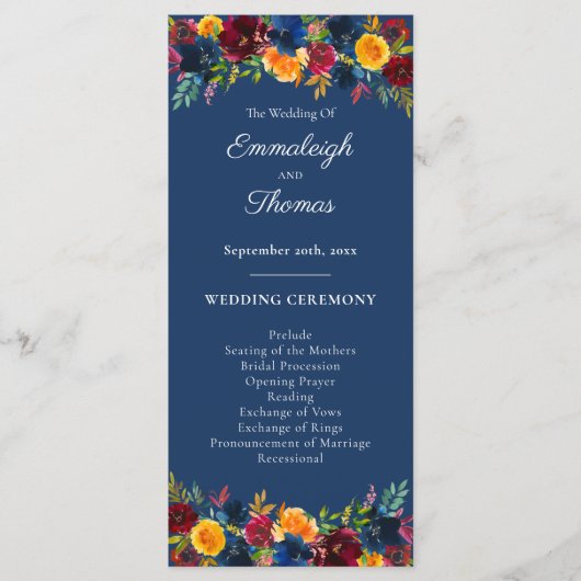 Heldere kleuren Waterverf Navy Blue Bloemen bruilo Programmakaart (Voorkant)