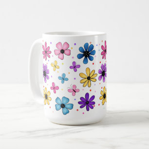 Heldere kleurrijke bloemen en vlinders koffiemok