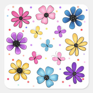 Heldere kleurrijke bloemen en vlinders vierkante sticker