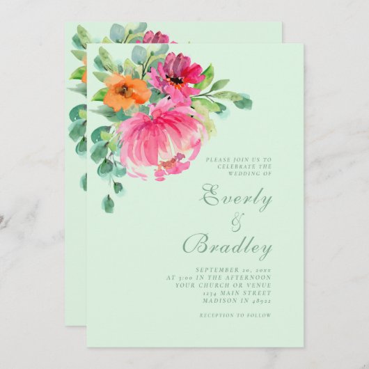 Heldere kleurrijke bloemenroze lente zomer bruilof kaart (Voorkant / Achterkant)