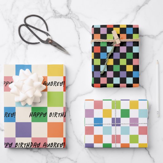 Heldere Kleurrijke Checkerboard Custom Verjaardag Inpakpapier Vel (Voorkant)