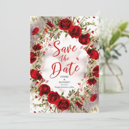 Heldere kleurrijke Crimson rode rozen bruiloft Save The Date (Staand voorkant)