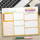 Heldere kleurrijke dingen om te doen Lijst Daily P Notitieblok<br><div class="desc">Helder Kleurrijk Bewerkbaar en Gepersonaliseerd! Deze to-do lijst en dagelijkse planner heeft een life hack citaat "neem je dromen serieus" en een vrolijk kleurenpalet van geel roze en groen. Alle sectietitels zijn bewerkbaar, zodat u uw dingen kunt organiseren om te doen op de manier die voor u werkt. Voor meer...</div>