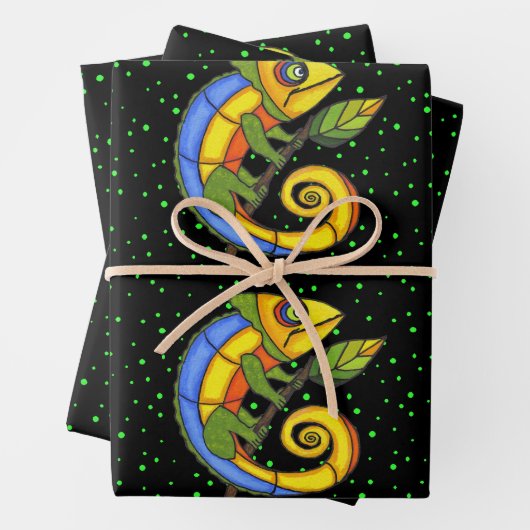 Heldere kleurrijke Fantasy Hagedissen met Leaf Sti Inpakpapier Vel (In situ)