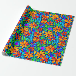 Heldere kleurrijke folk art bloemen cadeaupapier