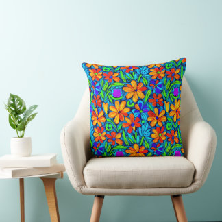 Heldere kleurrijke folk art bloemen kussen