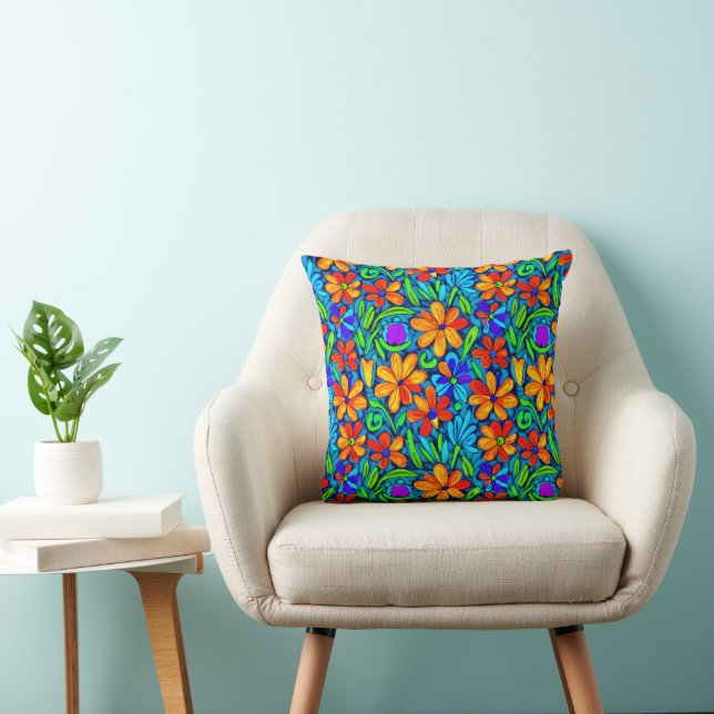 Heldere kleurrijke folk art bloemen kussen (Stoel)