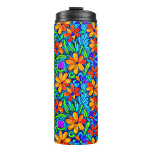 Heldere kleurrijke folk art bloemen thermosbeker