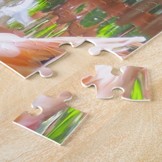 Heldere kleurrijke groep roze flamingos in water, legpuzzel (Zijkant)