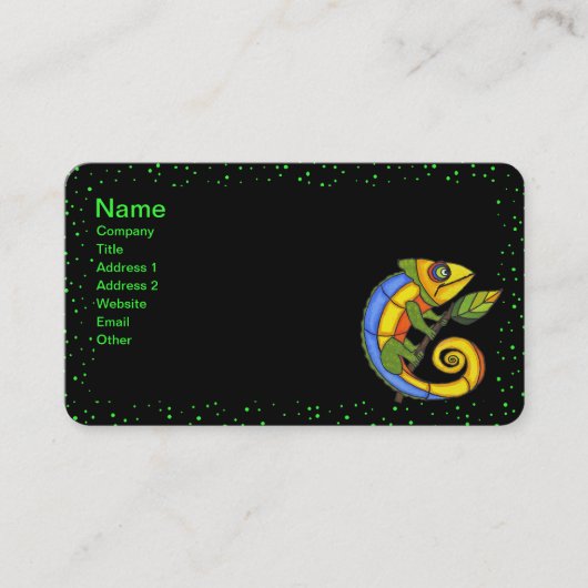 Heldere kleurrijke hagedis op tak groene puntrand visitekaartje (Voorkant)