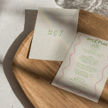 Heldere Kleurrijke Handgeschreven Leuk Moderne Bru Menu<br><div class="desc">Een uniek retro mint groen modern handgeschreven huwelijksdiner menu. Die is voorzien van chique sjabloon ontwerp van boho  melkachtige achtergrond en groene hand geschreven tekst lay-out en roze golvende hand getekende lijsten rand. Perfect en passend bij de hele suite.</div>
