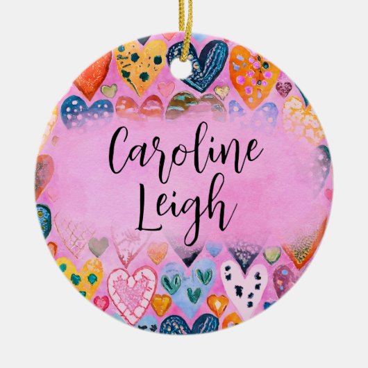 Heldere kleurrijke harten gepersonaliseerde kinder keramisch ornament (Voorkant)