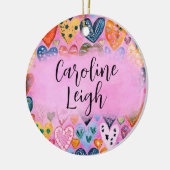 Heldere kleurrijke harten gepersonaliseerde kinder keramisch ornament (Links)