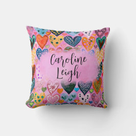 Heldere kleurrijke harten gepersonaliseerde kinder kussen