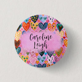Heldere kleurrijke harten gepersonaliseerde tiener ronde button 3,2 cm
