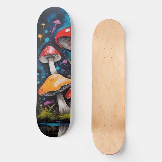 Heldere kleurrijke hippie paddenstoelen schimmels persoonlijk skateboard (Voorkant)