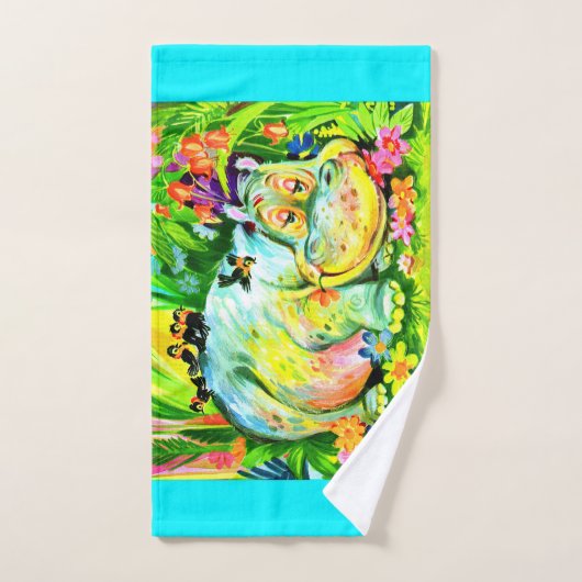 heldere kleurrijke hippopotamus en vogels bad handdoek (Handdoek)