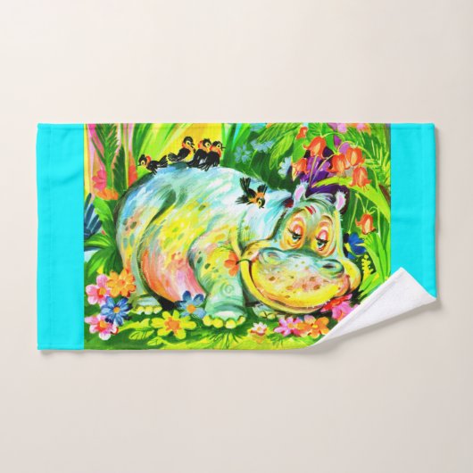 heldere kleurrijke hippopotamus en vogels bad handdoek (Handdoek)