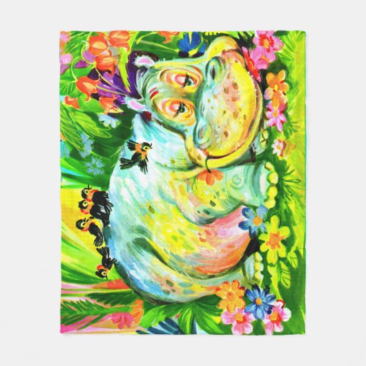 heldere kleurrijke hippopotamus en vogels fleece deken (Voorkant)
