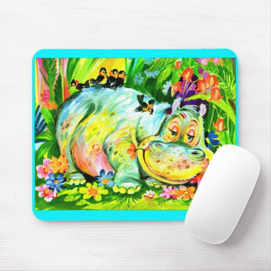 heldere kleurrijke hippopotamus en vogels muismat (Met muis)