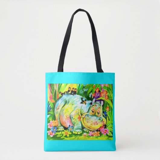 heldere kleurrijke hippopotamus en vogels tote bag (Voorkant)