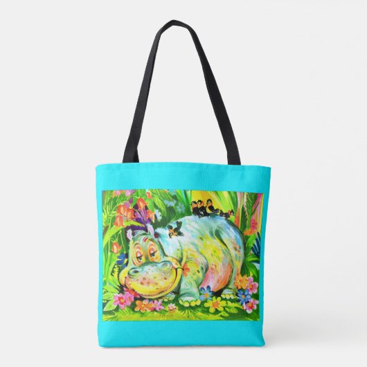 heldere kleurrijke hippopotamus en vogels tote bag (Achterkant)