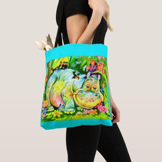 heldere kleurrijke hippopotamus en vogels tote bag (Dichtbij)