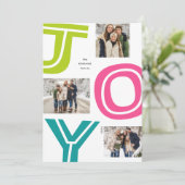 Heldere kleurrijke JOY plezier drie foto Kerstmis Feestdagenkaart (Staand voorkant)