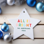 Heldere kleurrijke marineblauwe moderne kerstfamil keramisch ornament<br><div class="desc">Heldere kleurrijke typografie marineblauw plezier moderne kerstfamilie alles is lichte vakantie decor ornament.</div>