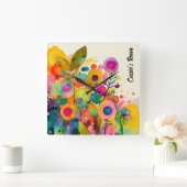 Heldere kleurrijke moderne bloemenwandklok vierkante klok (Huis)