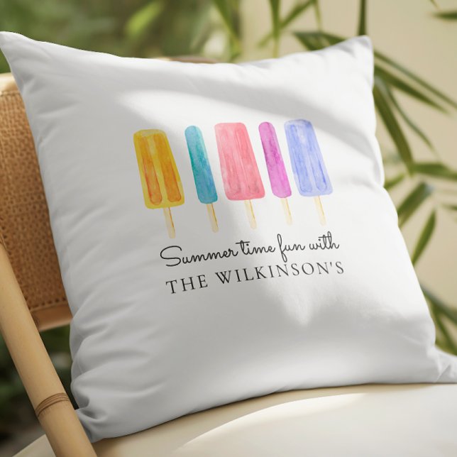 Heldere kleurrijke moderne zomer gepersonaliseerd kussen (personalized summer time fun throw pillow with vibrant watercolor painted ice pops )