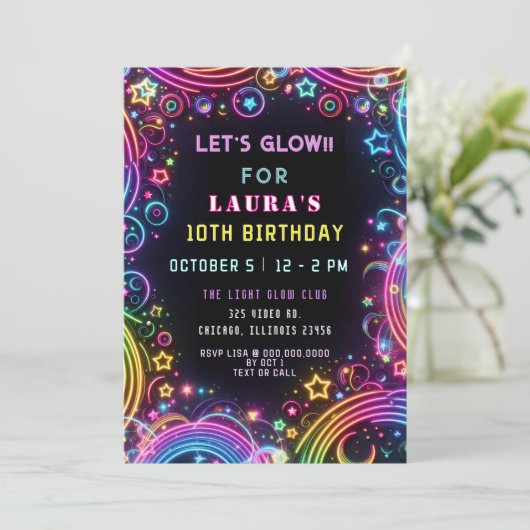 Heldere Kleurrijke Neon Glow Party Verjaardag Kaart (Staand voorkant)