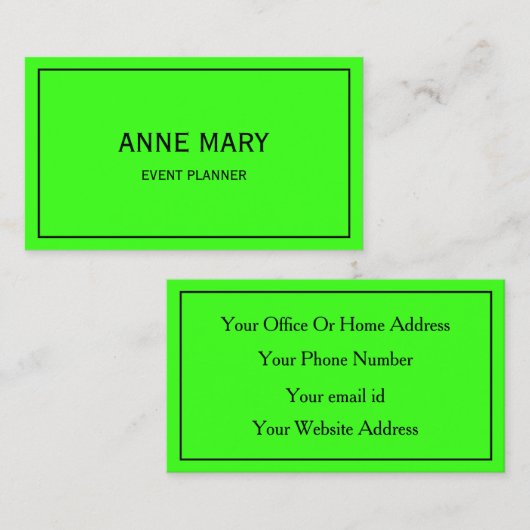 Heldere Kleurrijke Neon Green Wedding Event Planne Visitekaartje (Voorkant / Achterkant)