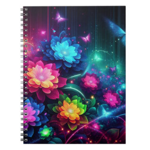 Heldere, kleurrijke neonbloemen/vlinders notitieboek