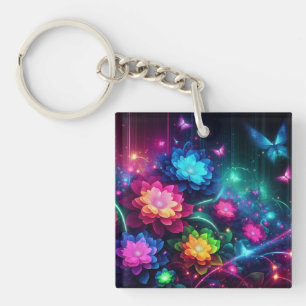 Heldere, kleurrijke neonbloemen/vlinders sleutelhanger