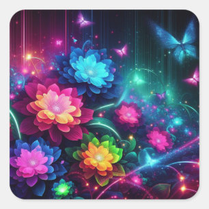 Heldere, kleurrijke neonbloemen/vlinders vierkante sticker